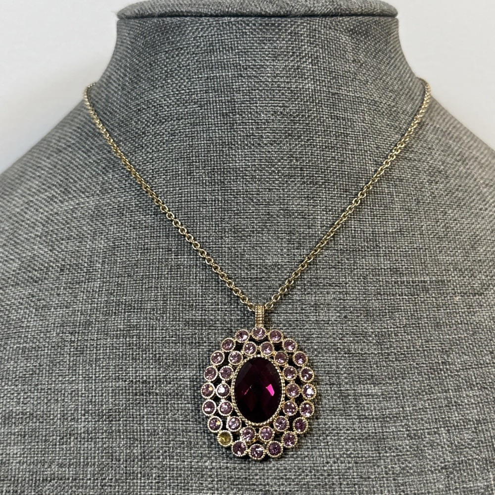 Vintage 1960s Signed Monet Purple and pink Rhinestone Pendant Necklace Gold Tone